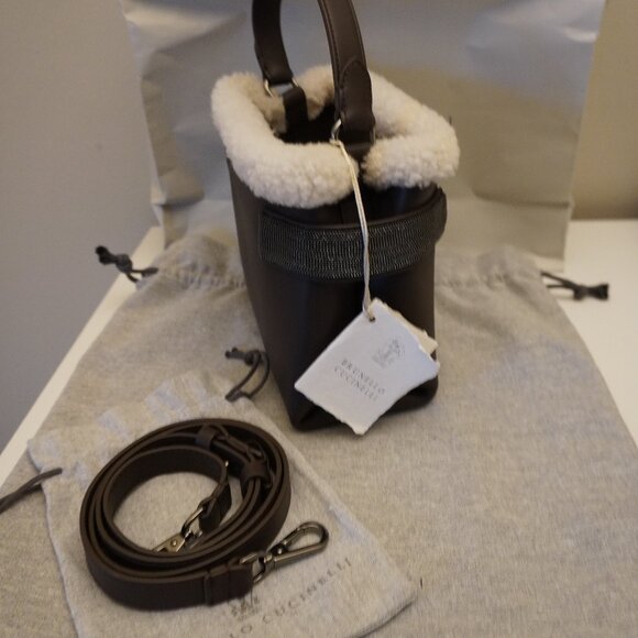 Brunello Cucinelli Essence Bag Brown Leather SM Top Handle Monili Crossbody New - Picture 2 of 9